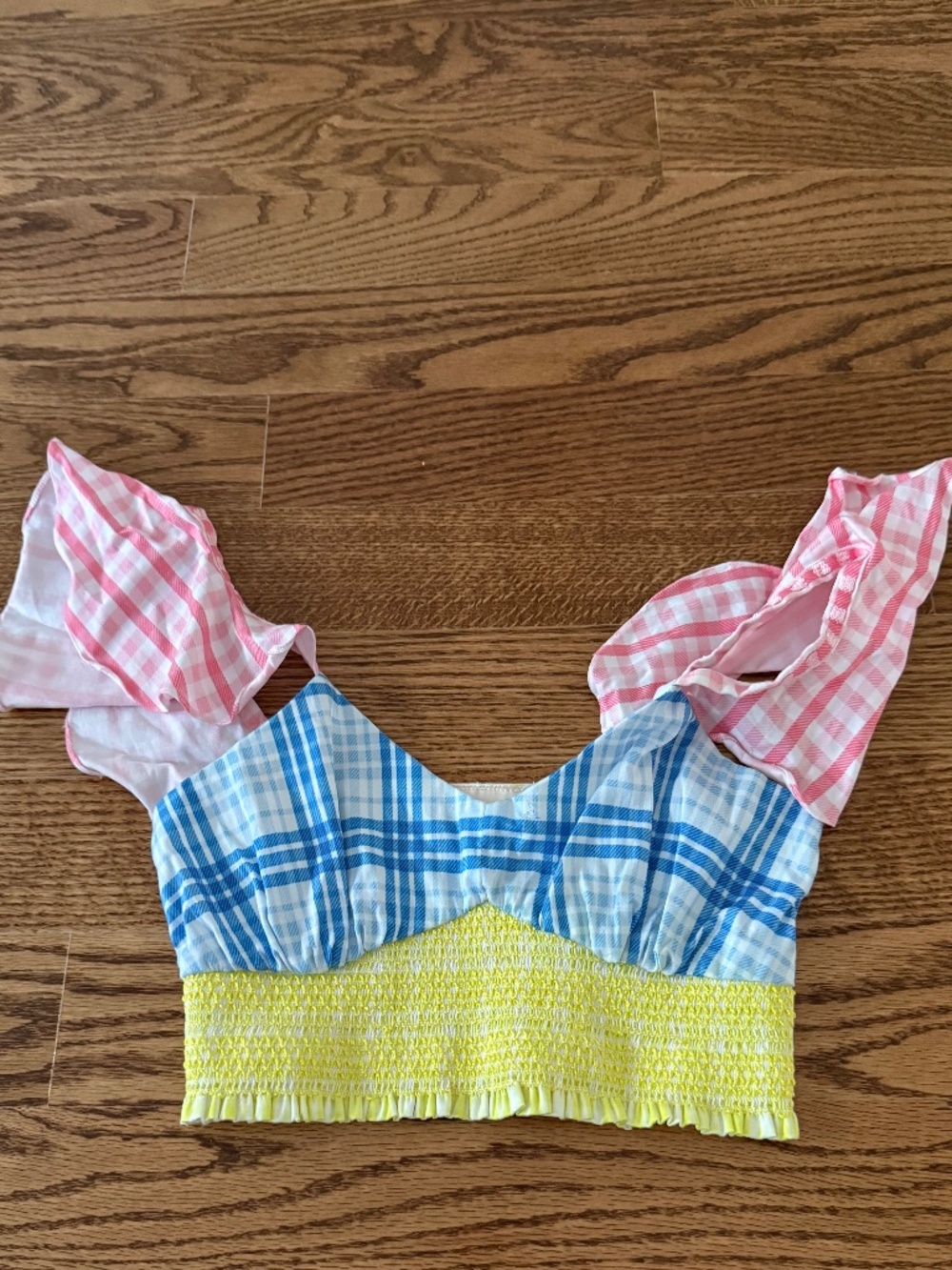 Rococo Sand Multicolor Colorblocked Plaid / Gingham Smocked Bandeau Top Small